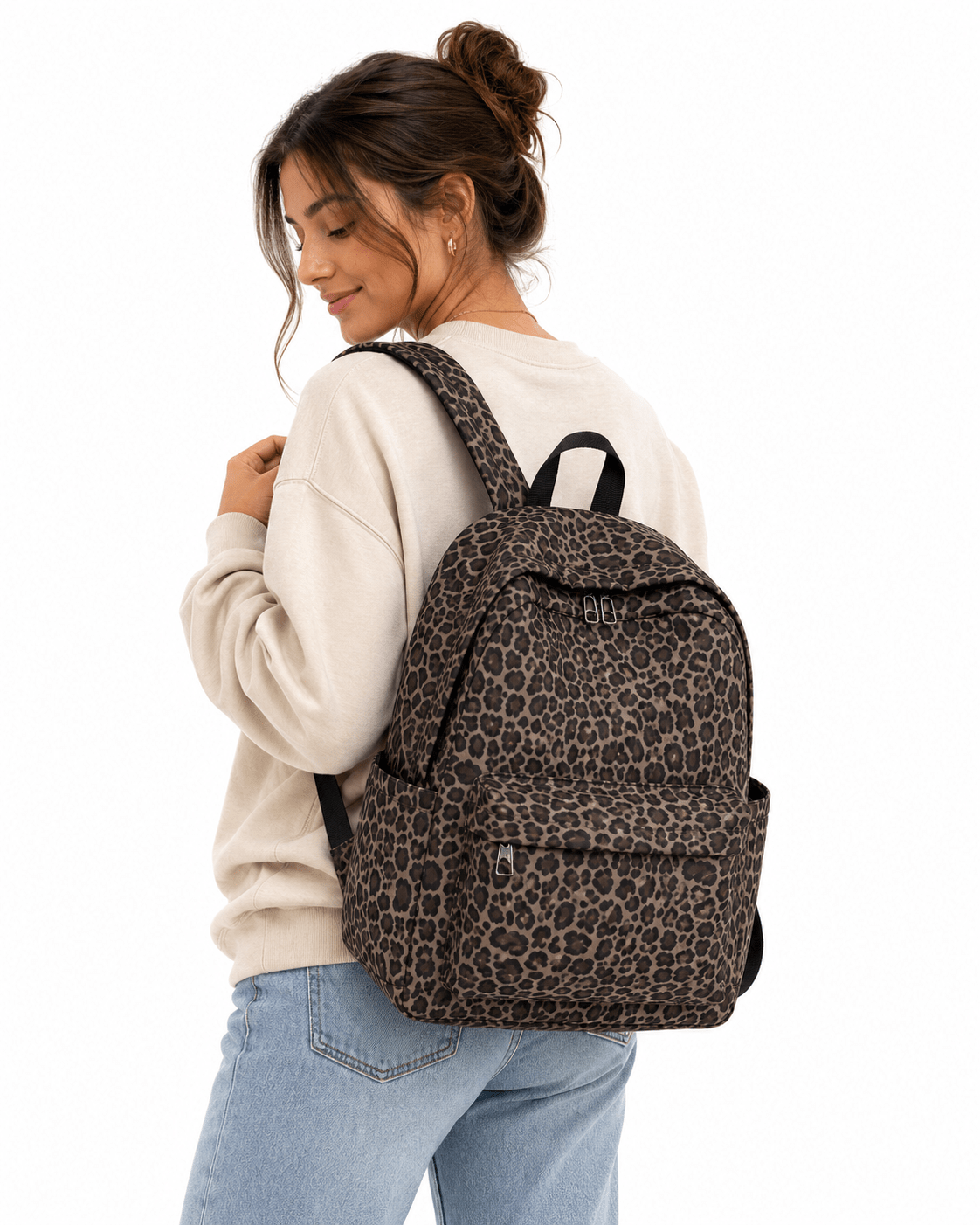 motif léopard sur sac a dos Café