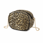 Petit sac à main bandoulière léopard femme marron clair en cuir et polyester – dimensions 19 cm × 15 cm × 9 cm, fermeture zippée