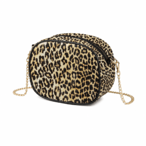 Petit sac à main bandoulière léopard femme marron clair en cuir et polyester – dimensions 19 cm × 15 cm × 9 cm, fermeture zippée