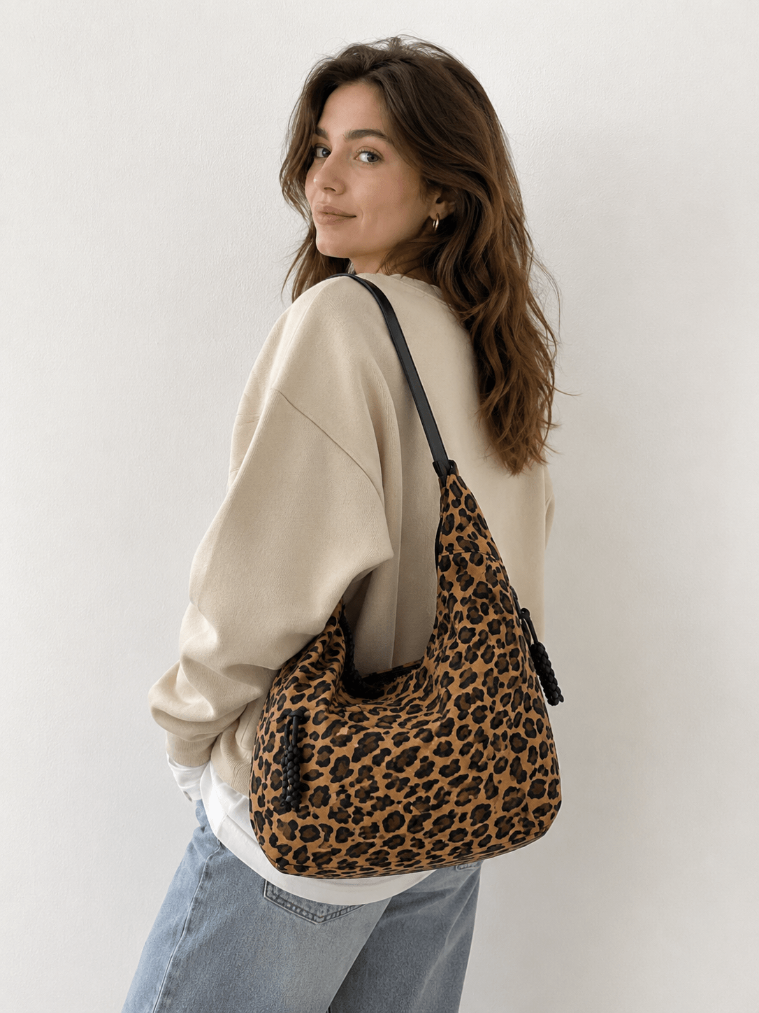 Sac bandoulière léopard femme marron en polyester – dimensions 36 cm × 21 cm × 7 cm, fermeture zippée – Image 2