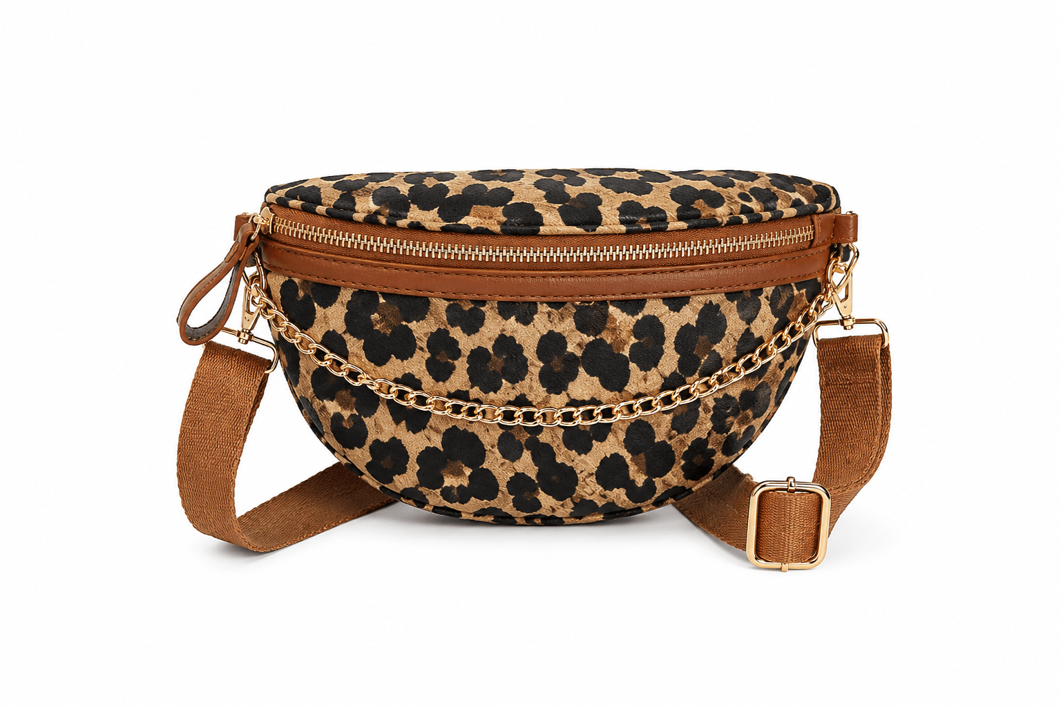 Sac banane léopard femme marron en polyester – fermeture zippée