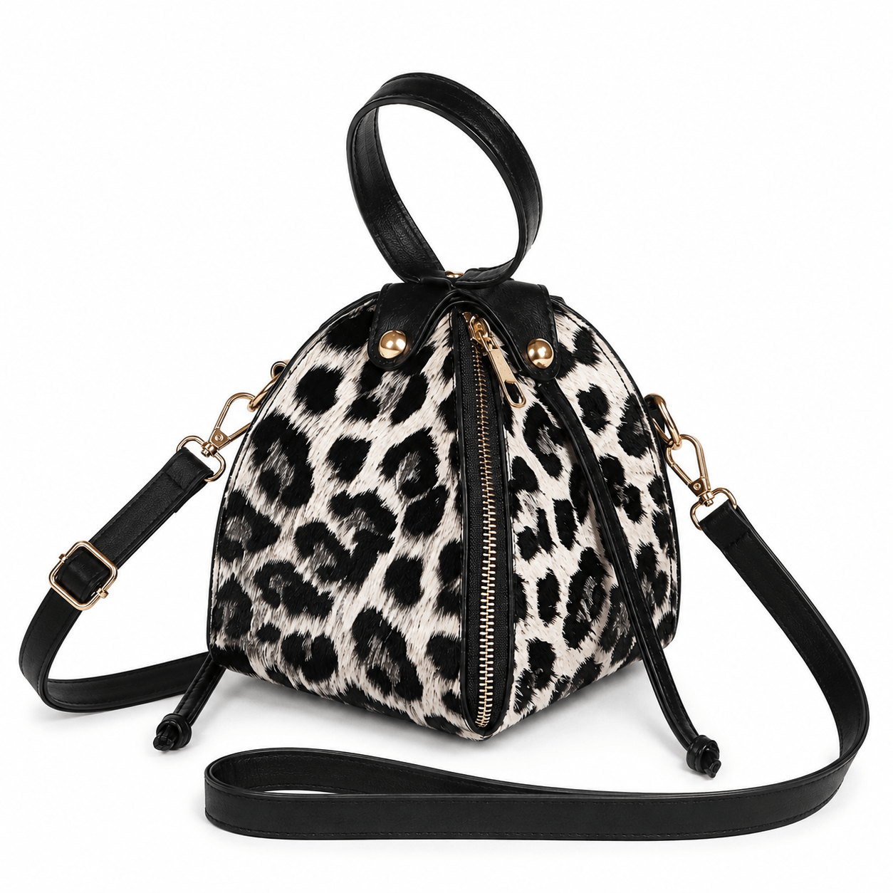 Petit sac à main bandoulière léopard femme gris en polyester – fermeture zippée