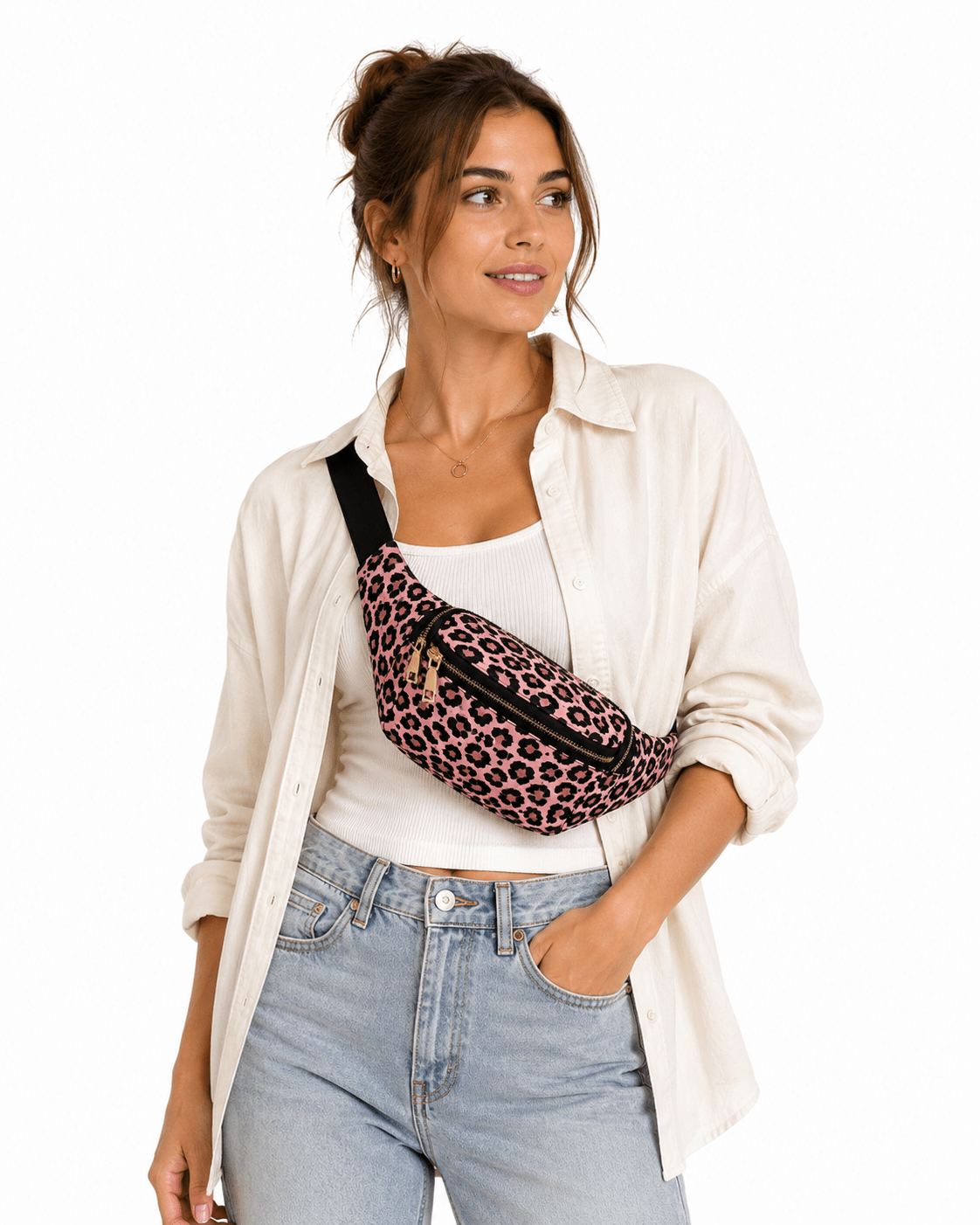 Sac banane léopard femme rose en nylon – Image 2