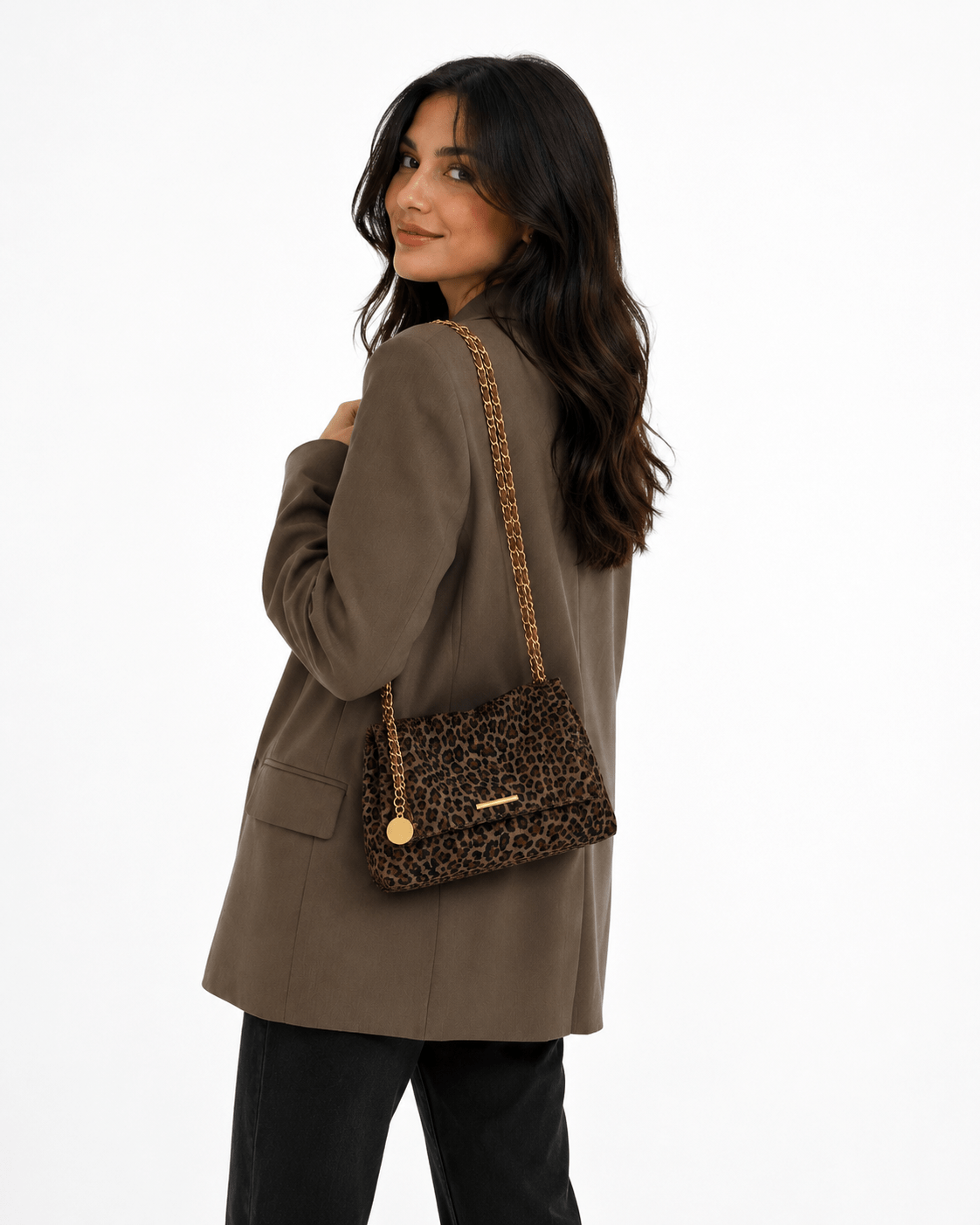 Sac à main bandoulière léopard femme marron en polyester – dimensions 19 cm × 34 cm × 14 cm, fermeture zippée – Image 2