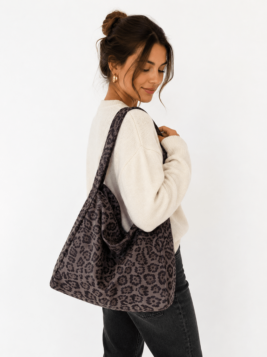 Sac cabas léopard femme noir en toile polyester – avec poche intérieure pour téléphone – Image 2