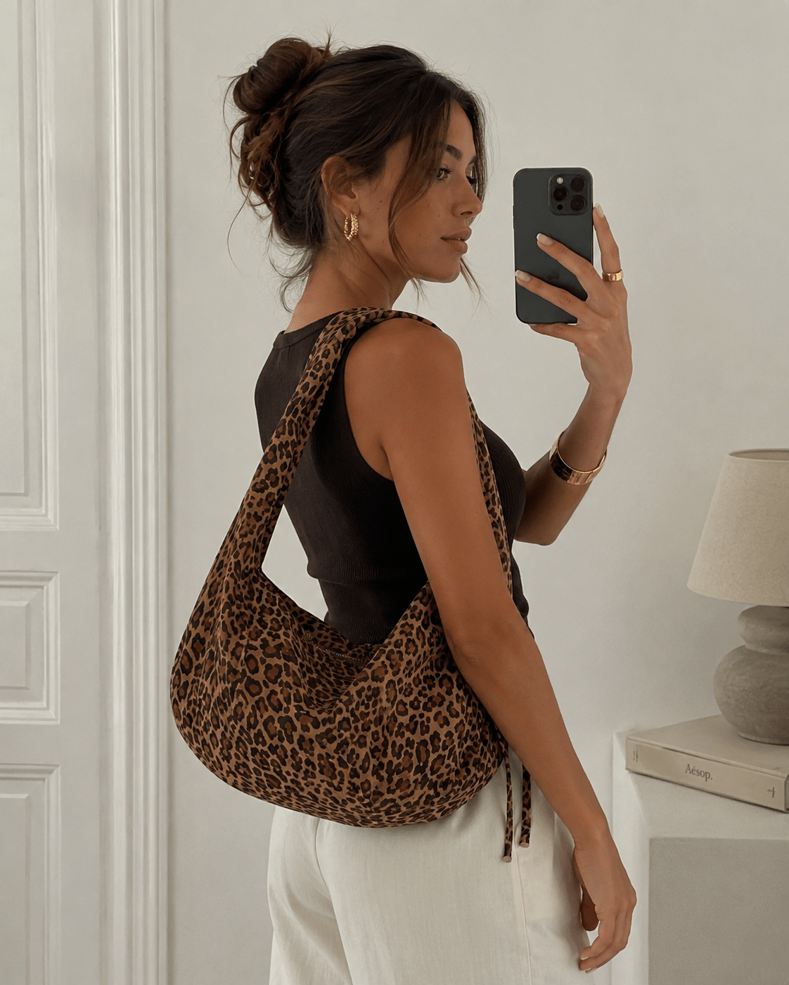 Sac bandoulière léopard unisexe marron en polyester – Image 2