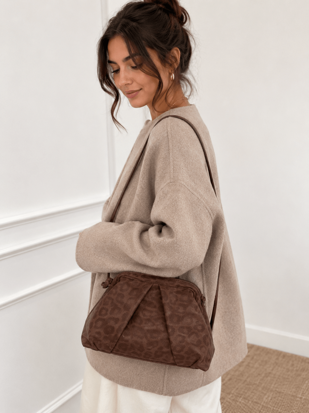 Sac bandoulière léopard femme café en polyester – Image 2