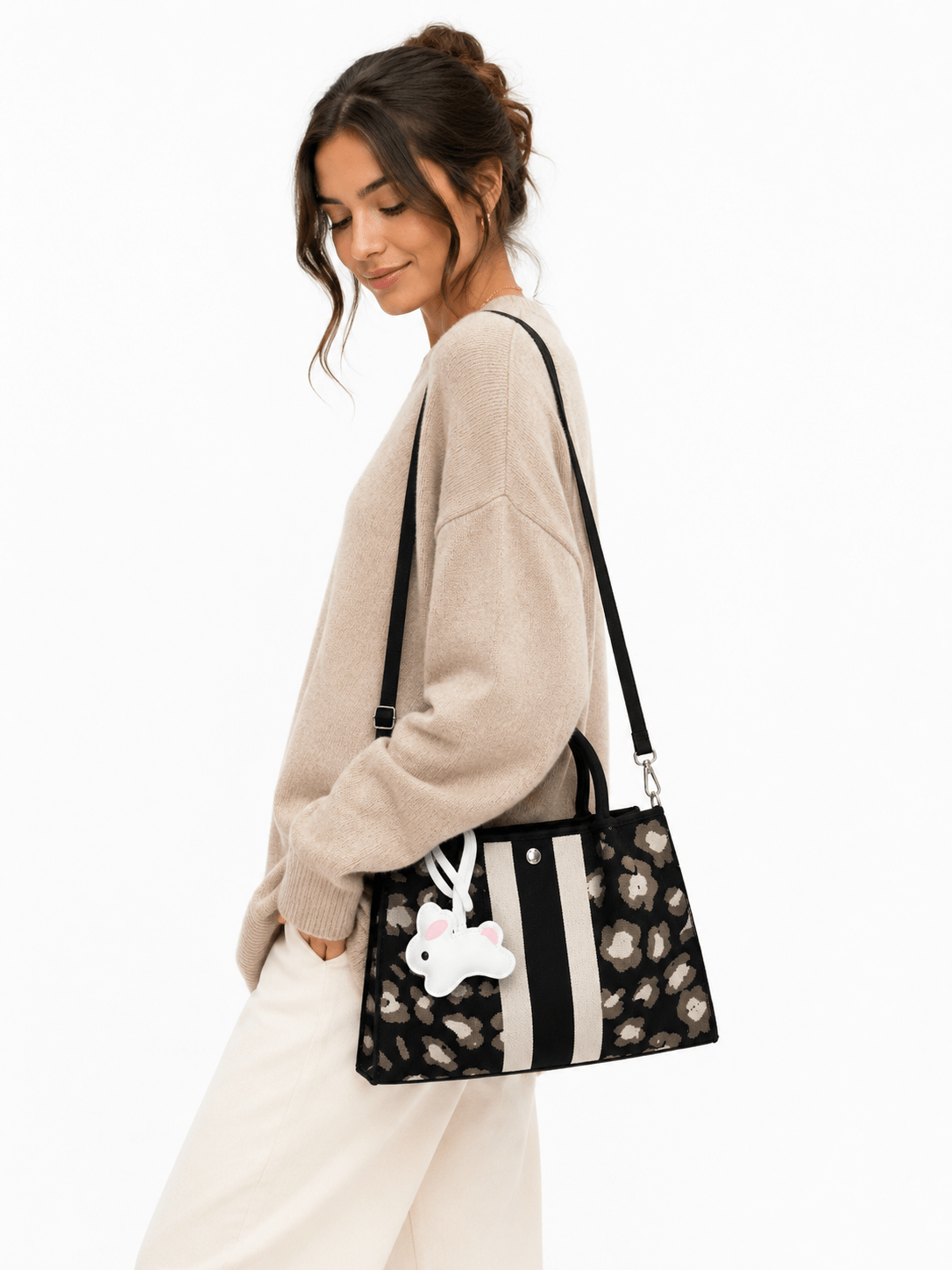Sac à main bandoulière léopard femme noir en polyester – Image 2