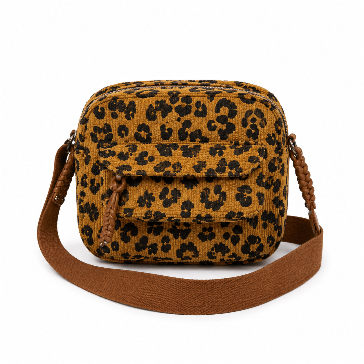 Sac bandoulière léopard unisexe marron en velours et polyester