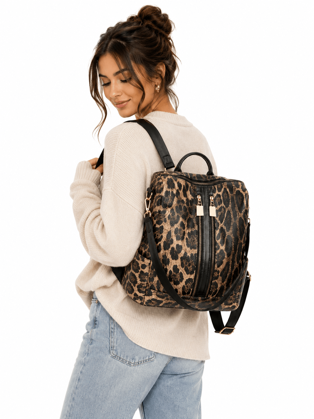 Sac à dos léopard femme marron en nylon – Image 2