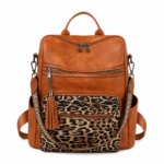 Sac à dos léopard femme marron en polyester – avec poches intérieure et extérieure, fermeture zippée