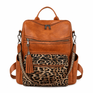 Sac à dos léopard femme marron en polyester – avec poches intérieure et extérieure, fermeture zippée