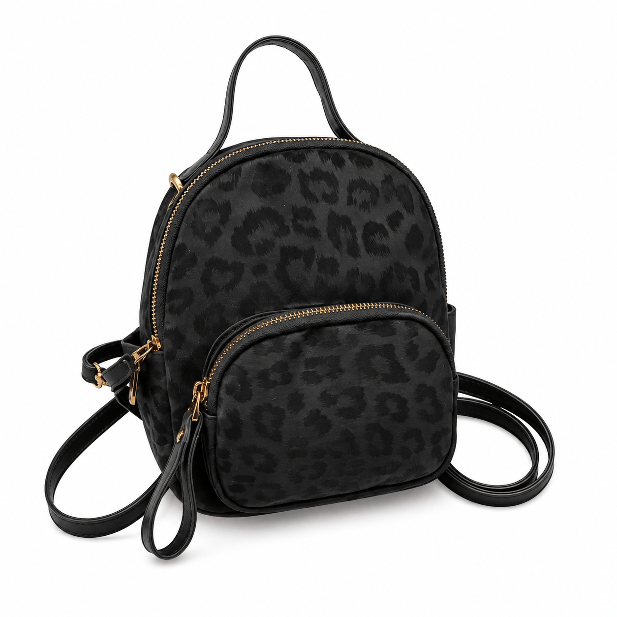 Petit sac à dos léopard femme noir en cuir et polyester – fermeture zippée