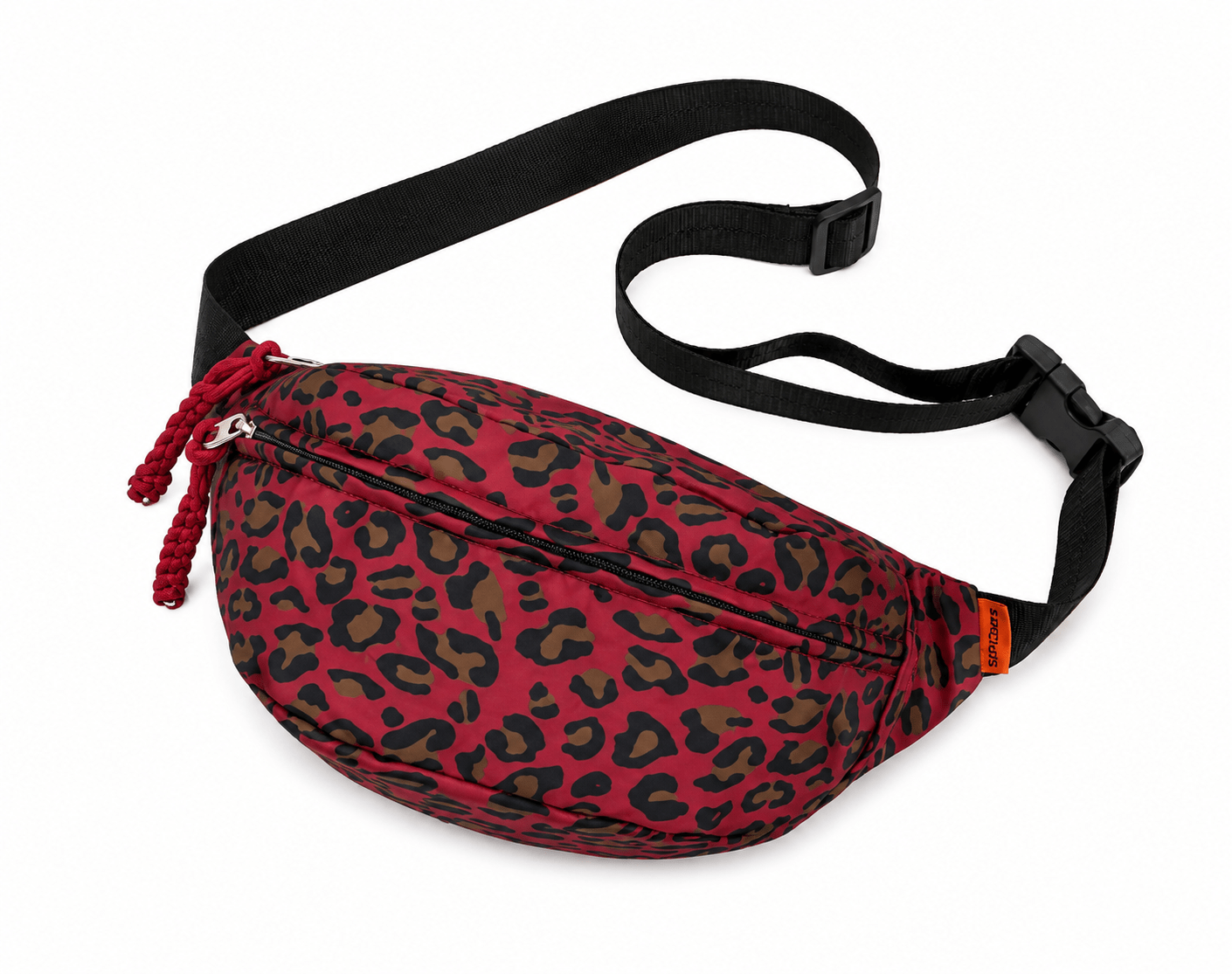 Sac banane léopard unisexe rouge en nylon et polyester – fermeture zippée