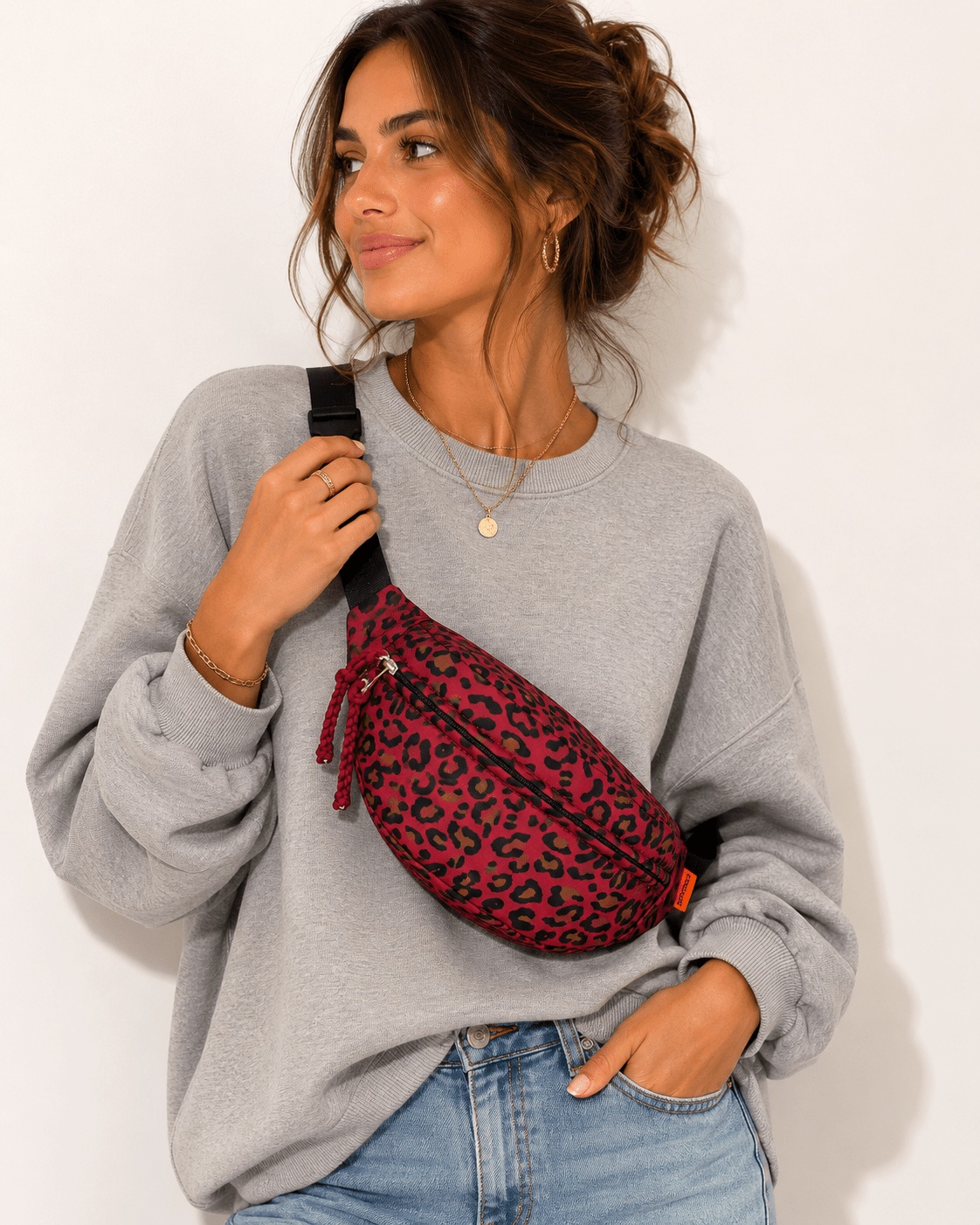 Sac banane léopard unisexe rouge en nylon et polyester – fermeture zippée – Image 2