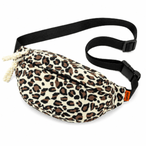 Sac banane léopard femme blanc en nylon et polyester – avec poches intérieure et extérieure, fermeture zippée