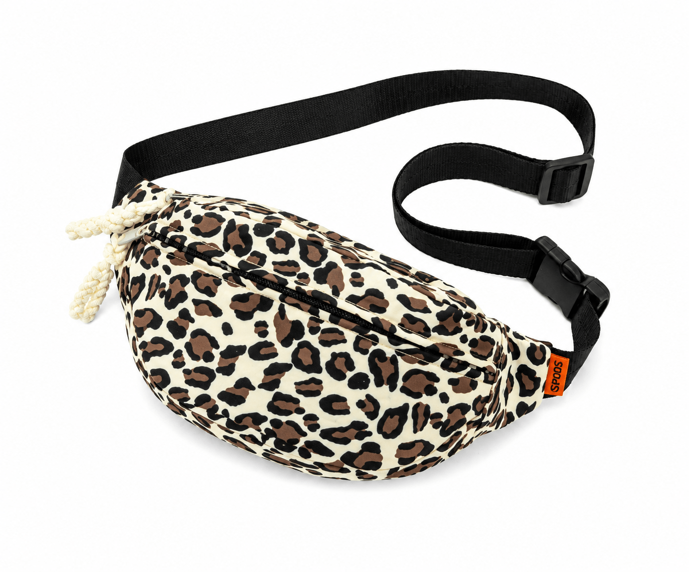 Sac banane léopard femme blanc en nylon et polyester – avec poches intérieure et extérieure, fermeture zippée