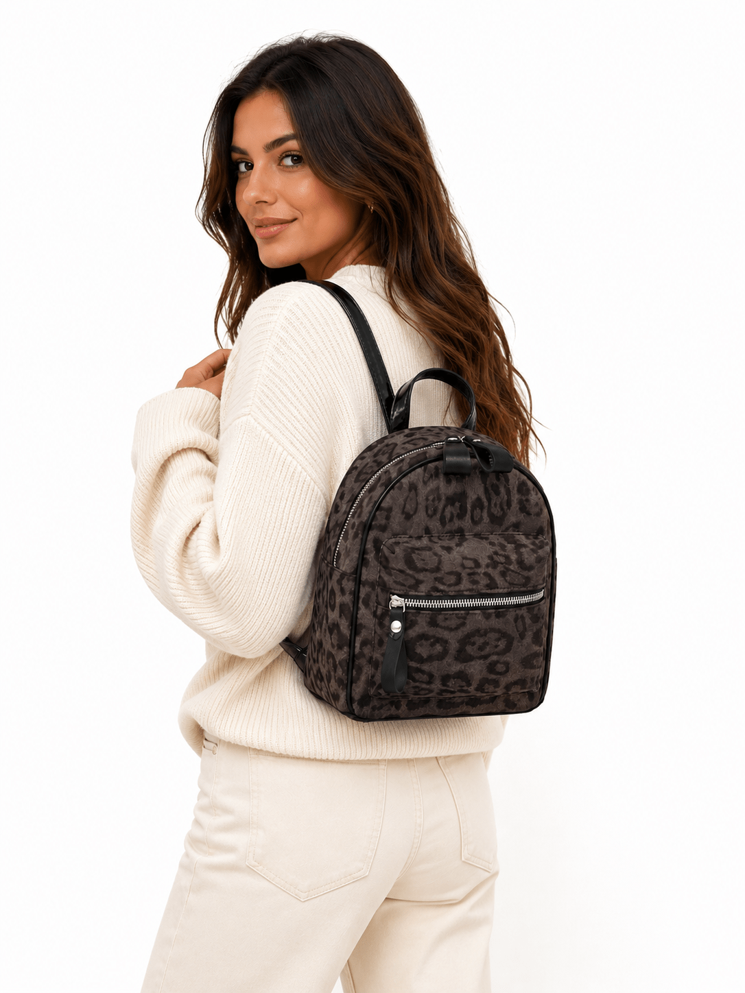 Petit sac à dos léopard femme noir en cuir – imperméable – Image 2