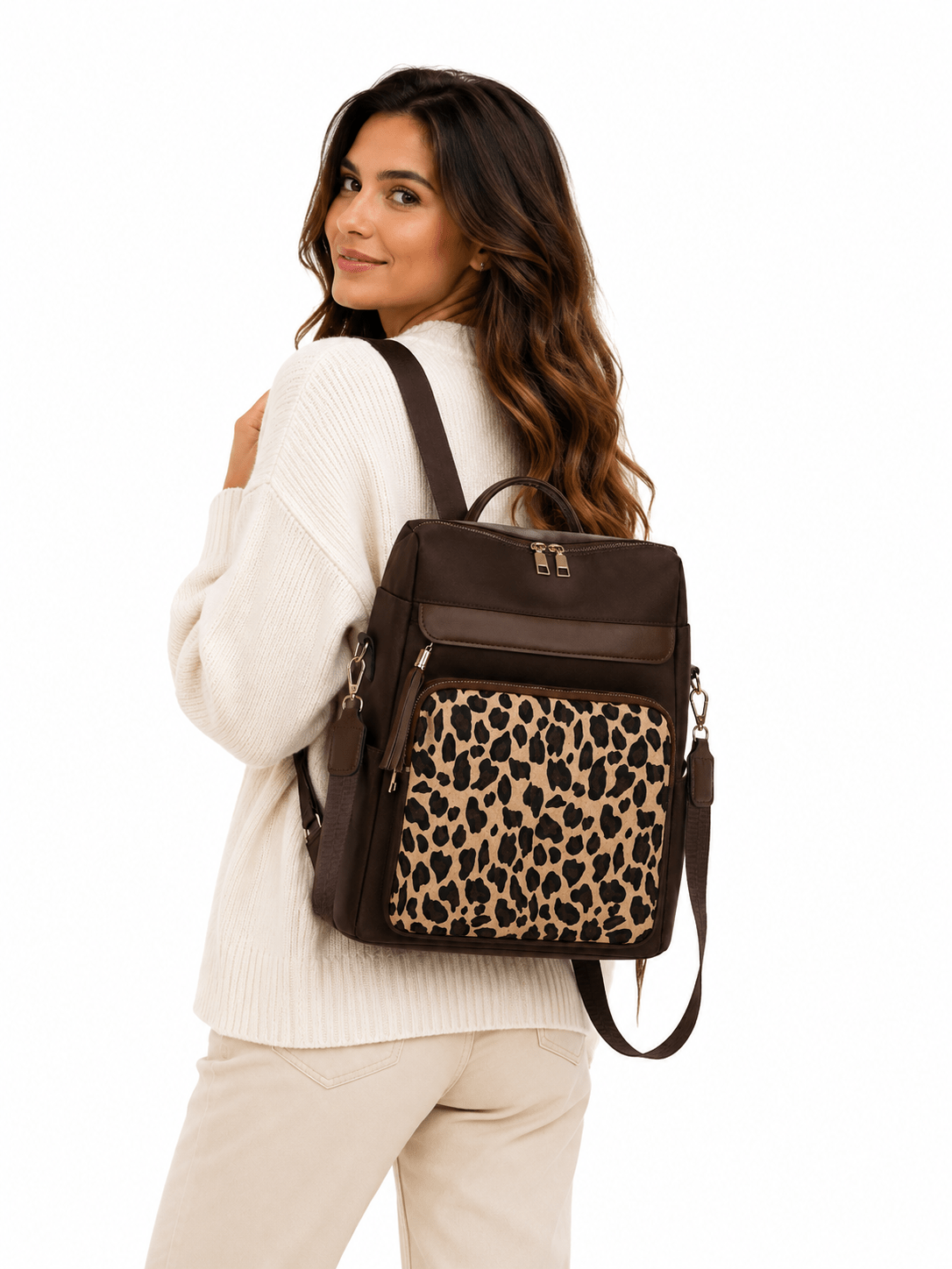 Sac à dos léopard femme marron en polyester – Image 2