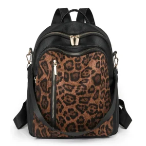 Sac à dos léopard femme noir en polyester – avec bretelles ergonomiques, avec poche intérieure zippée