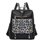 Sac à dos léopard femme noir en polyester – avec poches intérieure et extérieure, fermeture zippée