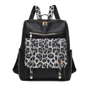 Sac à dos léopard femme noir en polyester – avec poches intérieure et extérieure, fermeture zippée