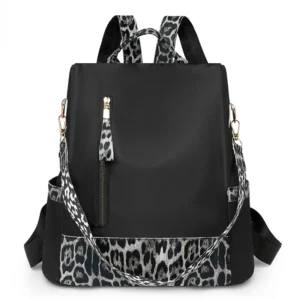 Sac à dos léopard femme noir en nylon et polyester – avec compartiments