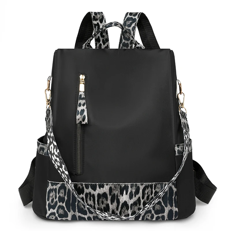 Sac à dos léopard femme noir en nylon et polyester – avec compartiments