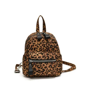 Petit sac à dos léopard femme marron clair en cuir – avec poche intérieure zippée, fermeture zippée