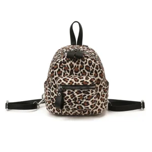 Petit sac à dos léopard femme blanc en toile, nylon et polyester – dimensions 19 cm × 20 cm × 12 cm, imperméable