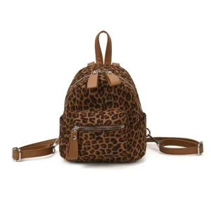 Petit sac à dos léopard femme marron en toile, nylon et polyester – dimensions 19 cm × 20 cm × 12 cm, imperméable