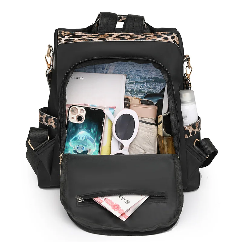Sac à dos léopard femme noir en polyester – Image 3