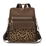 Sac à dos léopard femme marron en polyester – avec poche intérieure zippée, fermeture zippée