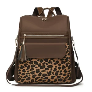 Sac à dos léopard femme marron en polyester – avec poche intérieure zippée, fermeture zippée