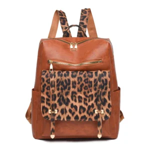 Sac à dos léopard femme marron en polyester – avec poches intérieure et extérieure, fermeture zippée