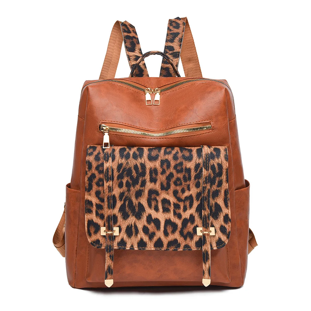 Sac à dos léopard femme marron en polyester – avec poches intérieure et extérieure, fermeture zippée