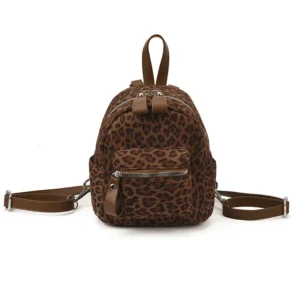 Petit sac à dos léopard femme marron foncé en toile, nylon et polyester – dimensions 19 cm × 20 cm × 12 cm, imperméable