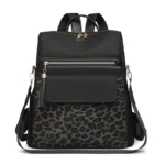 Sac à dos léopard femme noir en polyester – avec poche intérieure zippée, fermeture zippée