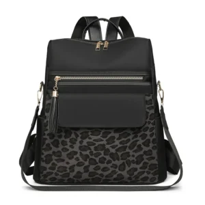 Sac à dos léopard femme noir en polyester – avec poche intérieure zippée, fermeture zippée
