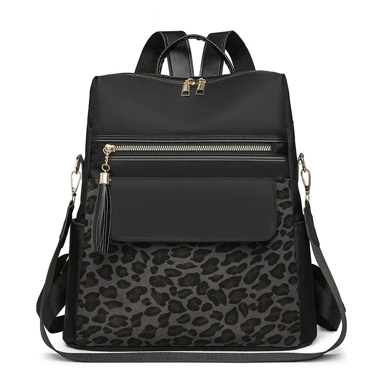 Sac à dos léopard femme noir en polyester – avec poche intérieure zippée, fermeture zippée
