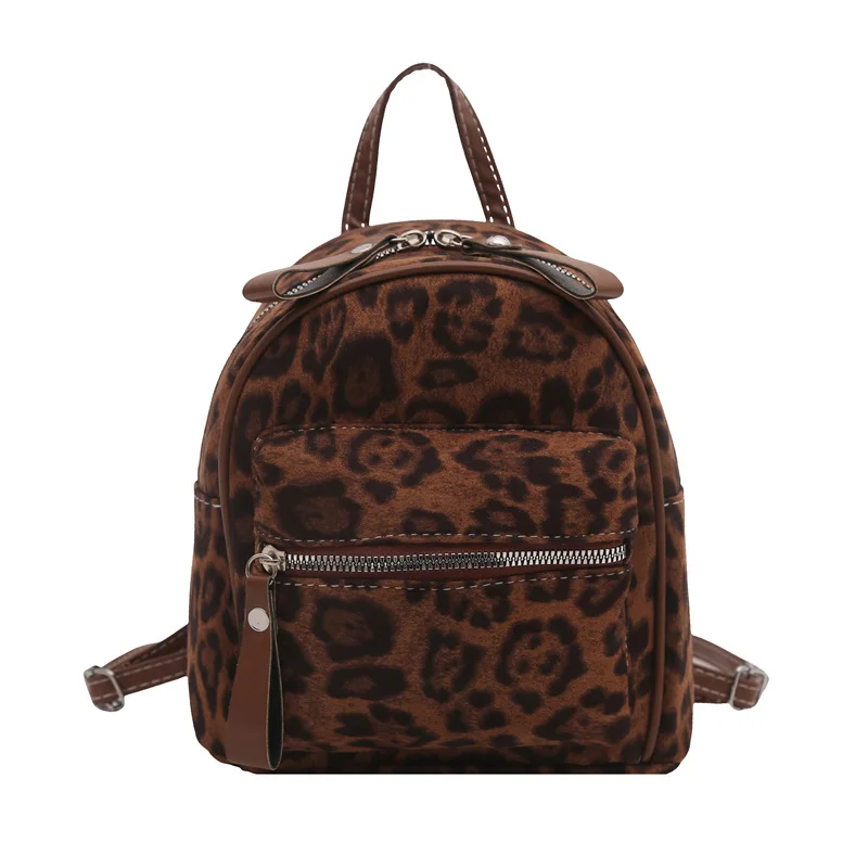 Petit sac à dos léopard unisexe marron – avec poche intérieure zippée, fermeture zippée