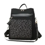 Sac à dos léopard femme noir en polyester – avec compartiments