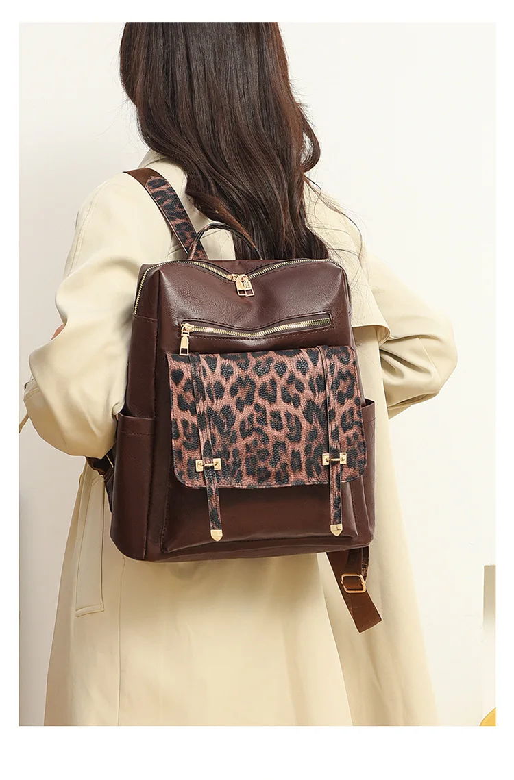 Sac à dos léopard femme café en polyester – Image 3