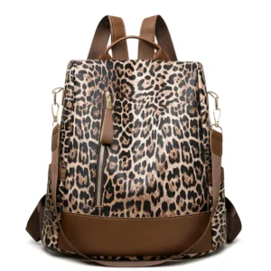 Sac à dos léopard femme marron en polyester – dimensions 33 cm × 14 cm × 32 cm, avec poches intérieure et extérieure