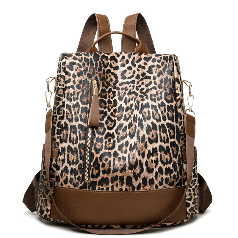 Sac à dos léopard femme marron en polyester – dimensions 33 cm × 14 cm × 32 cm, avec poches intérieure et extérieure