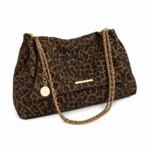 Sac à main bandoulière léopard femme marron en polyester – dimensions 19 cm × 34 cm × 14 cm, fermeture zippée