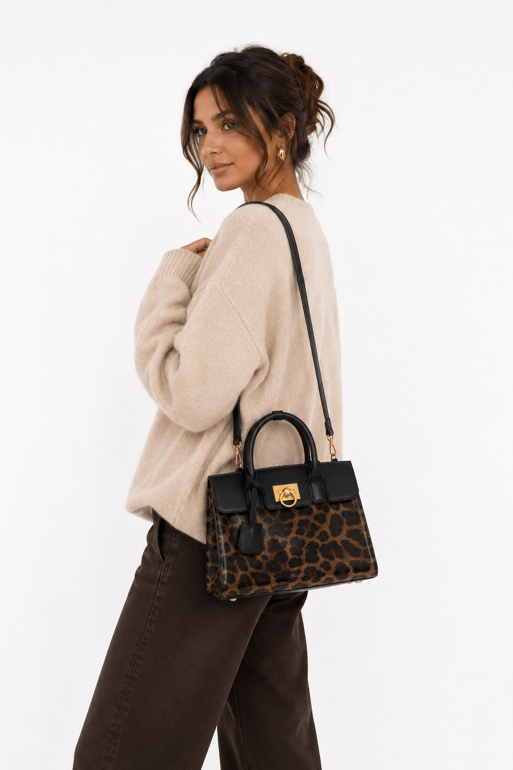 Sac à main bandoulière léopard femme marron en polyester – fermeture zippée – Image 2