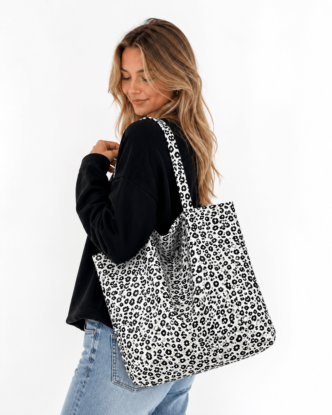 Sac cabas léopard femme blanc en toile polyester – avec poche intérieure pour téléphone – Image 2
