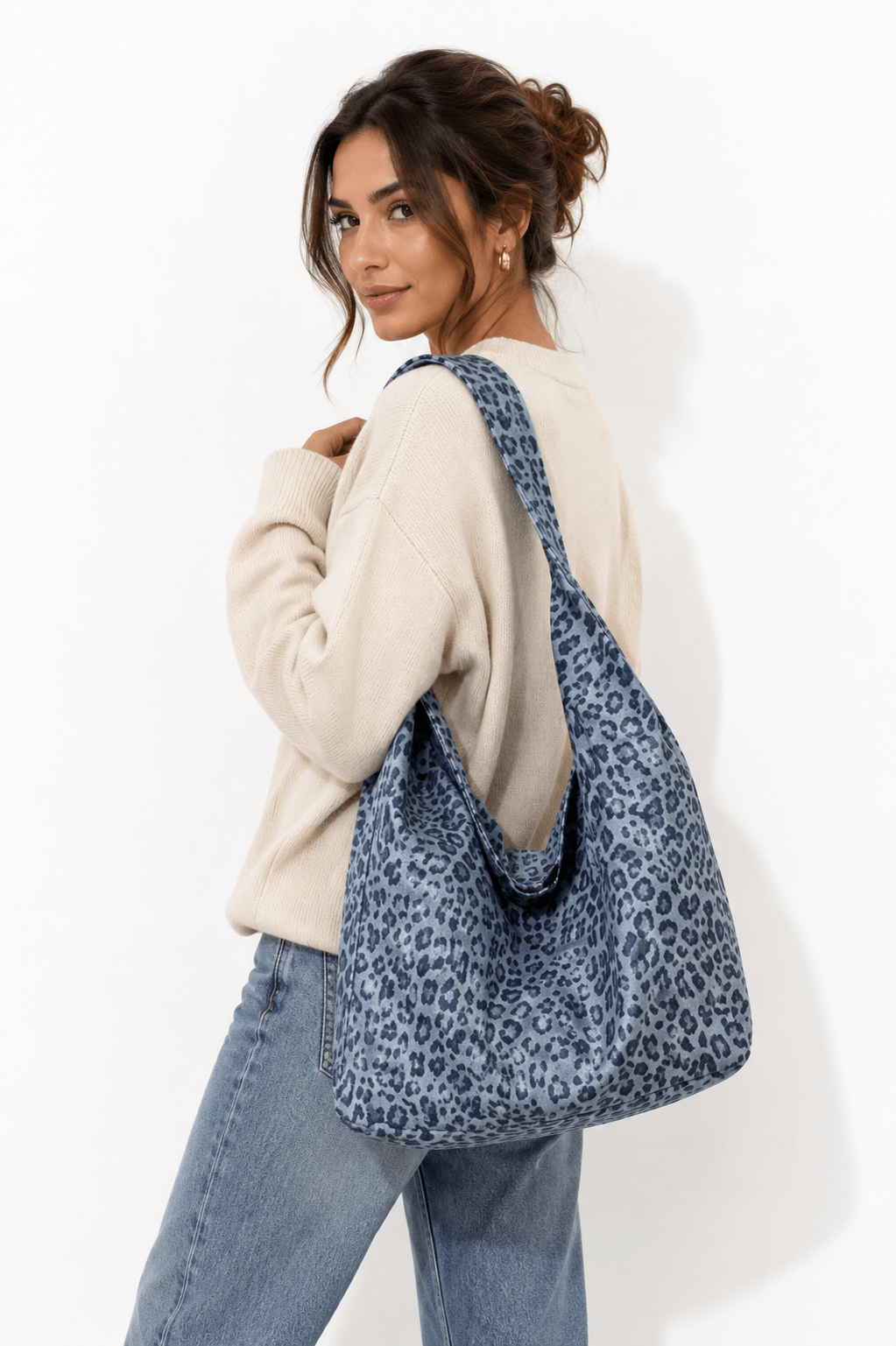 Sac cabas léopard femme bleu en toile polyester – avec poche intérieure pour téléphone – Image 2
