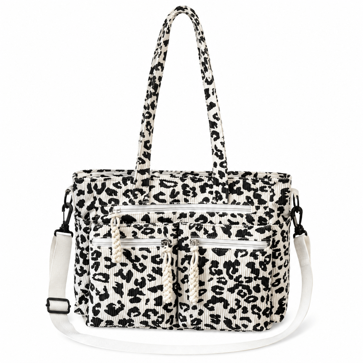 Sac de sport léopard femme blanc en velours et polyester – dimensions 26 cm × 37 cm × 16 cm